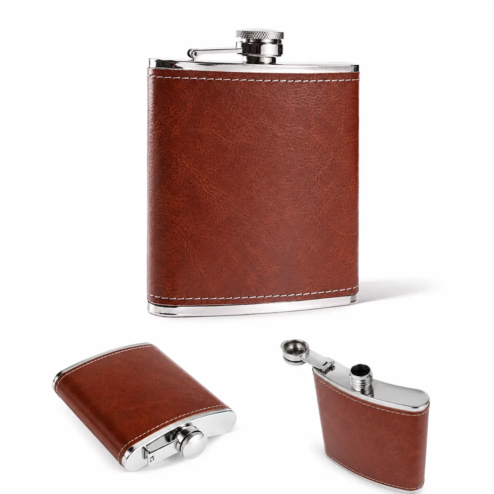 8 oz Brown Leatherette Stainless Steel Flask with Screw Cap 2