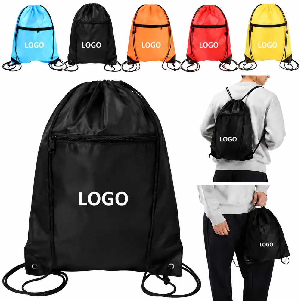 Reinforced Drawstring Backpack with Front Zipper Pocket