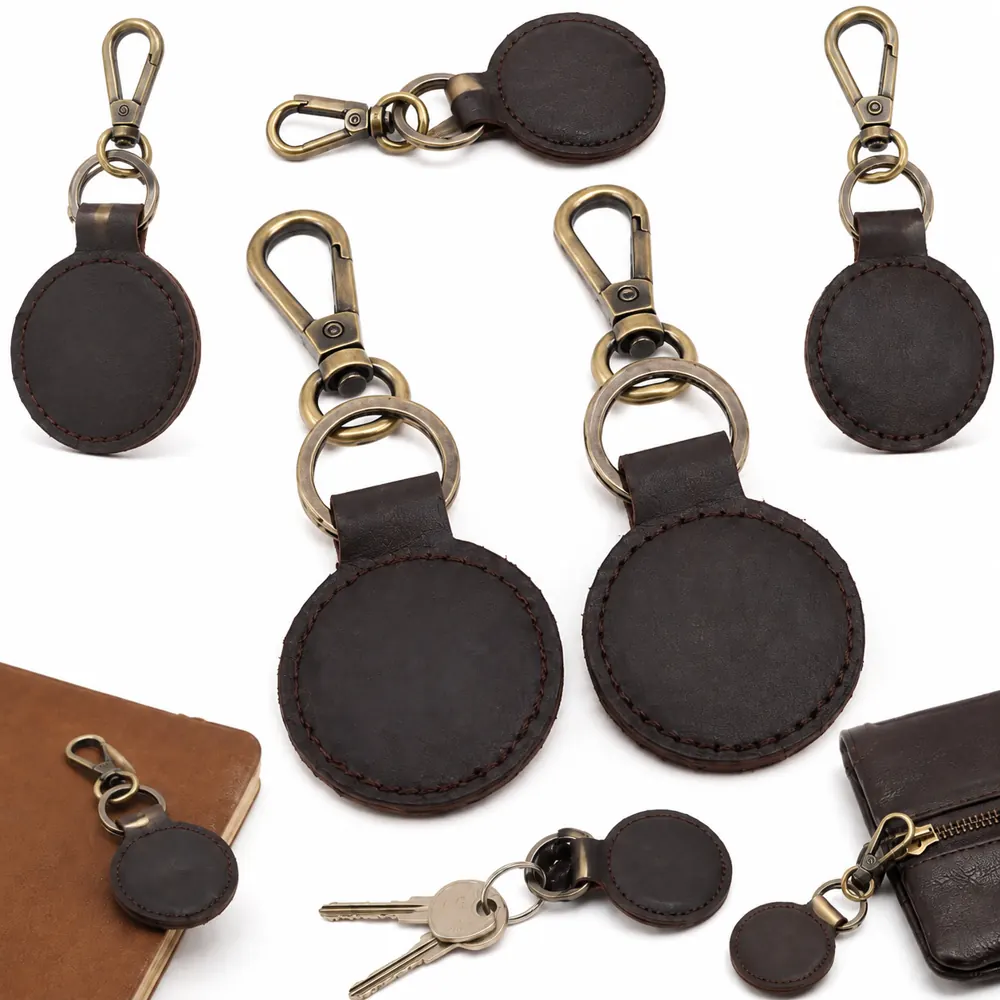 Full Grain Leather Keychain with Debossed Round Design 2