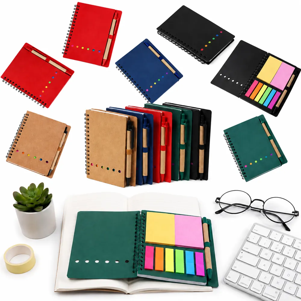 Kraft Spiral Notebook with Sticky Notes and Pen, Flat-Lay 2