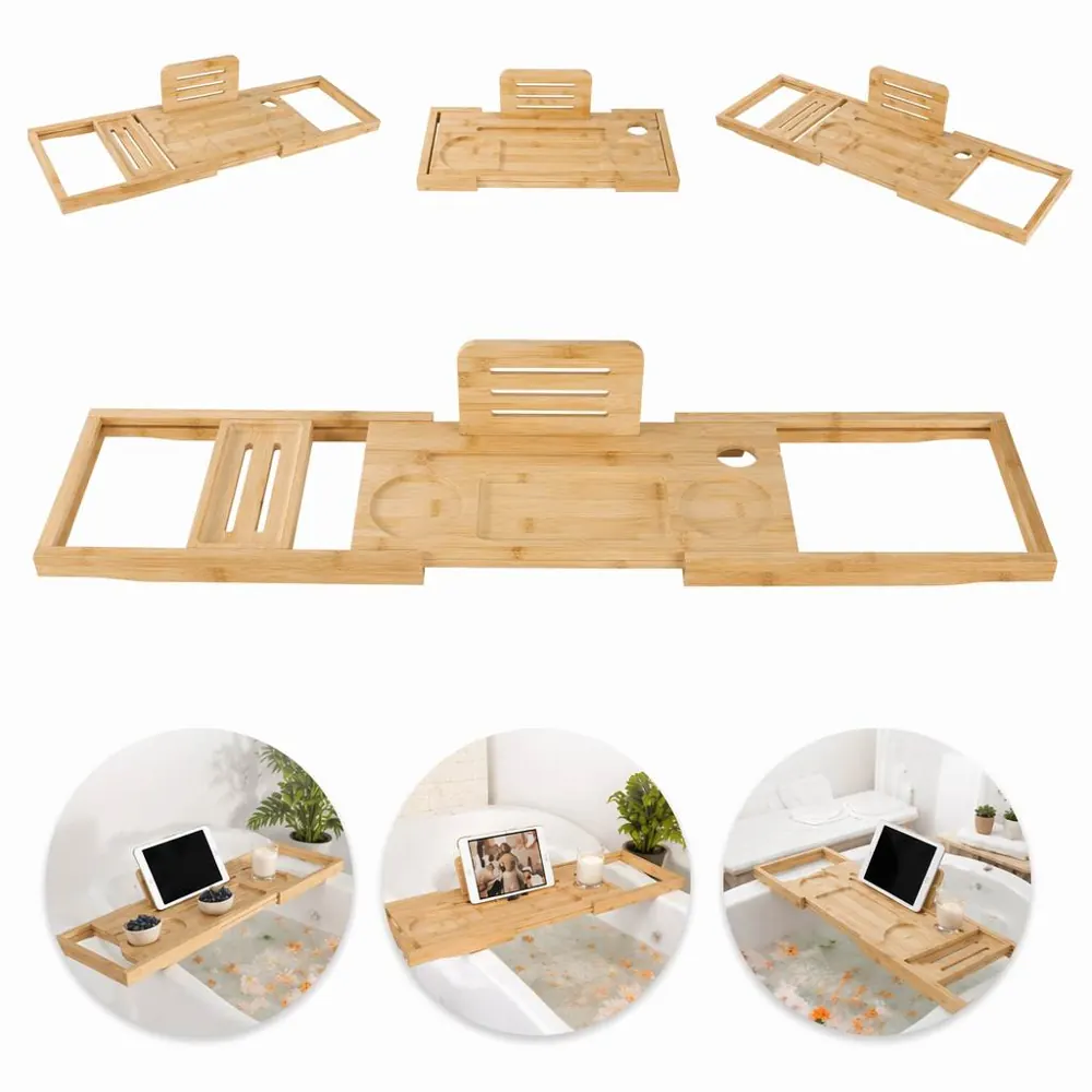 Adjustable Bamboo Bathtub Caddy with Side Grooves 2