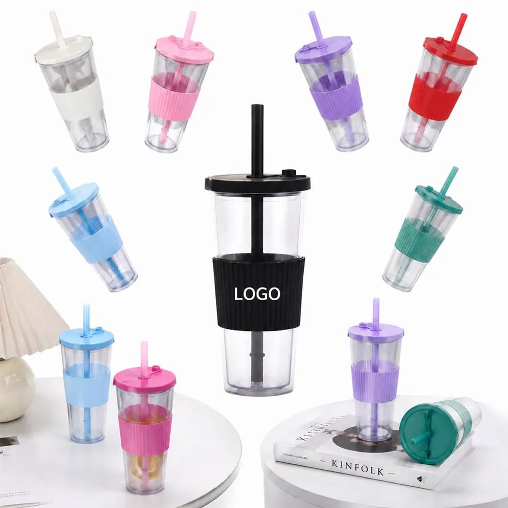 24 oz Clear Acrylic Double Wall Tumbler with Straw and Grip