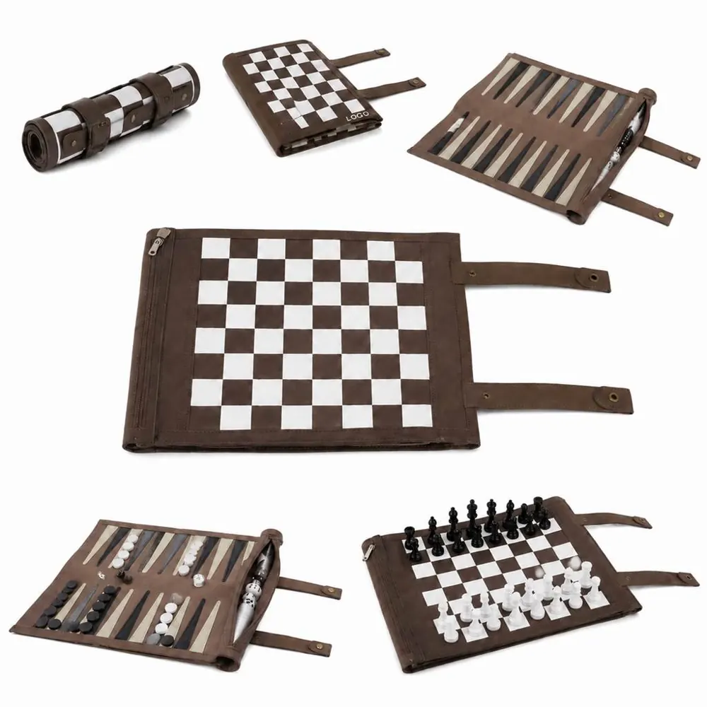 Roll-Up Leather Chess Backgammon Set, 2-in-1 Portable