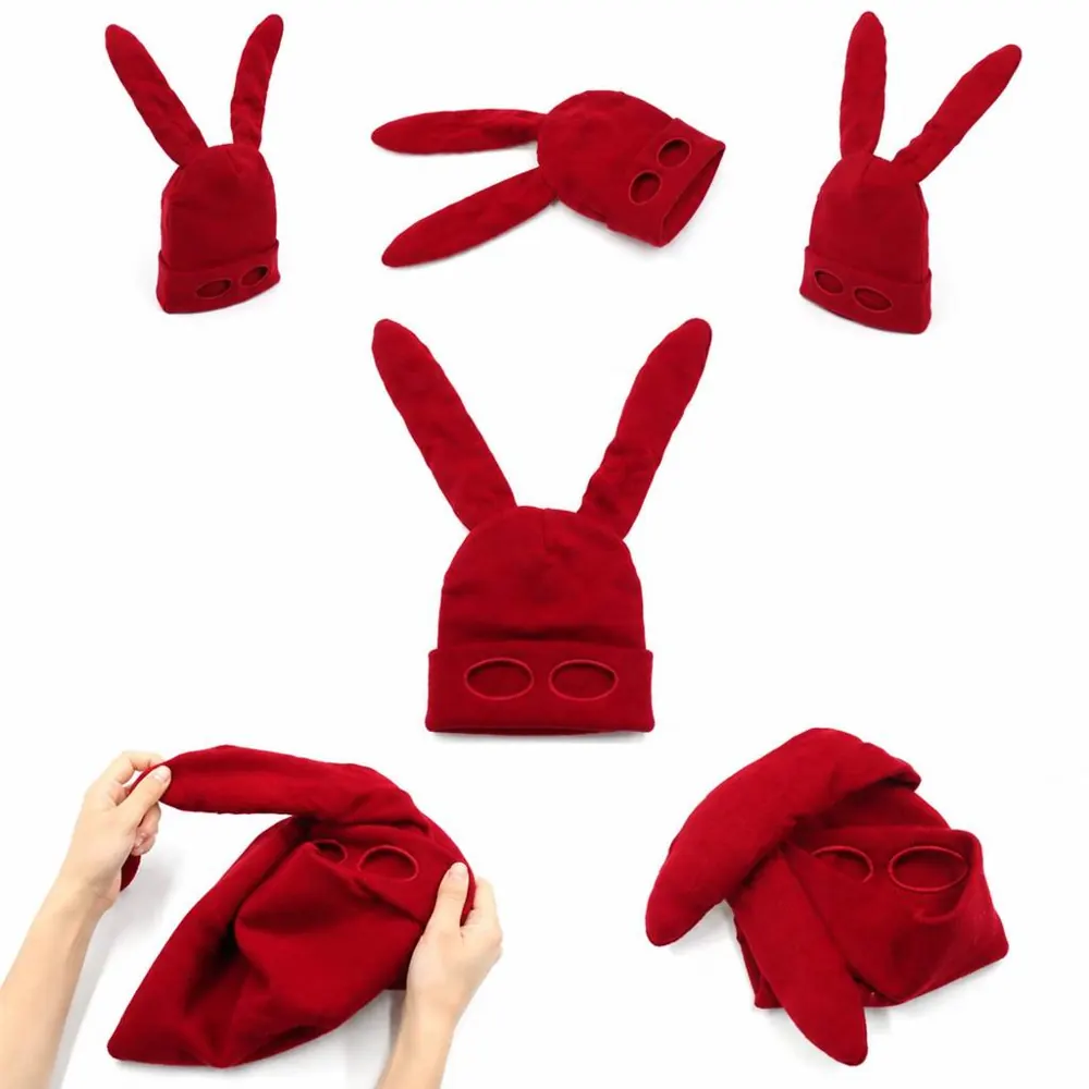 Knitted Bunny Ear Mask Hat with Eye Holes for Halloween 2