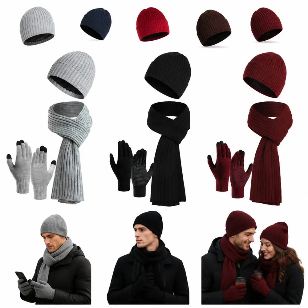 PC Black Winter Hat Scarf Gloves Set with Touchscreen 2
