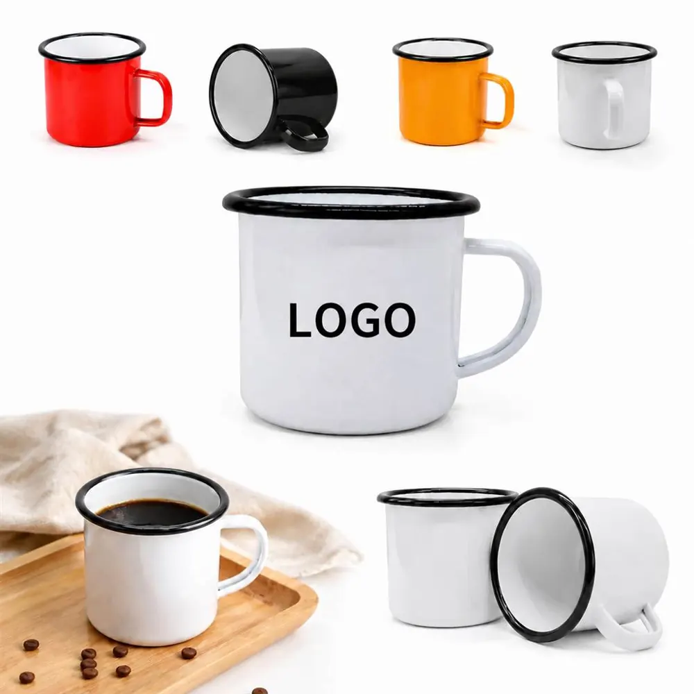 Enamel Camping Mug 12oz with Black Rim, Rust-Resistant Steel