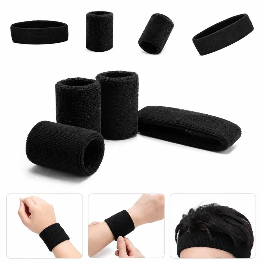 Black Terry Cloth Sweatband Set for Sports, Absorbent 2