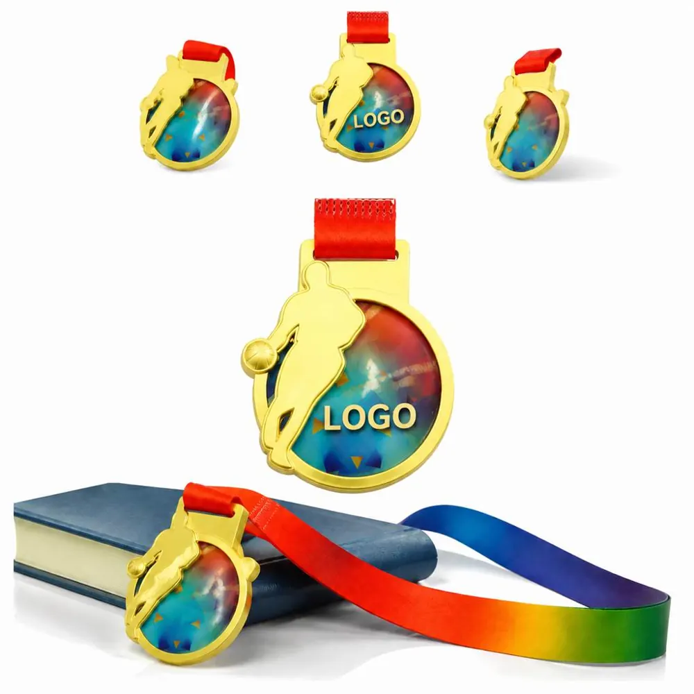 Custom Basketball Medal with Rainbow Ribbon, Gold