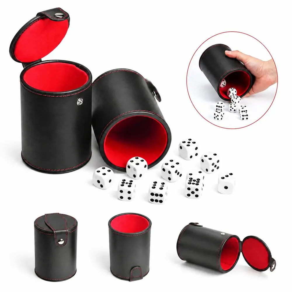 PU Leather Dice Cup with 5 Dice for Travel Games 2