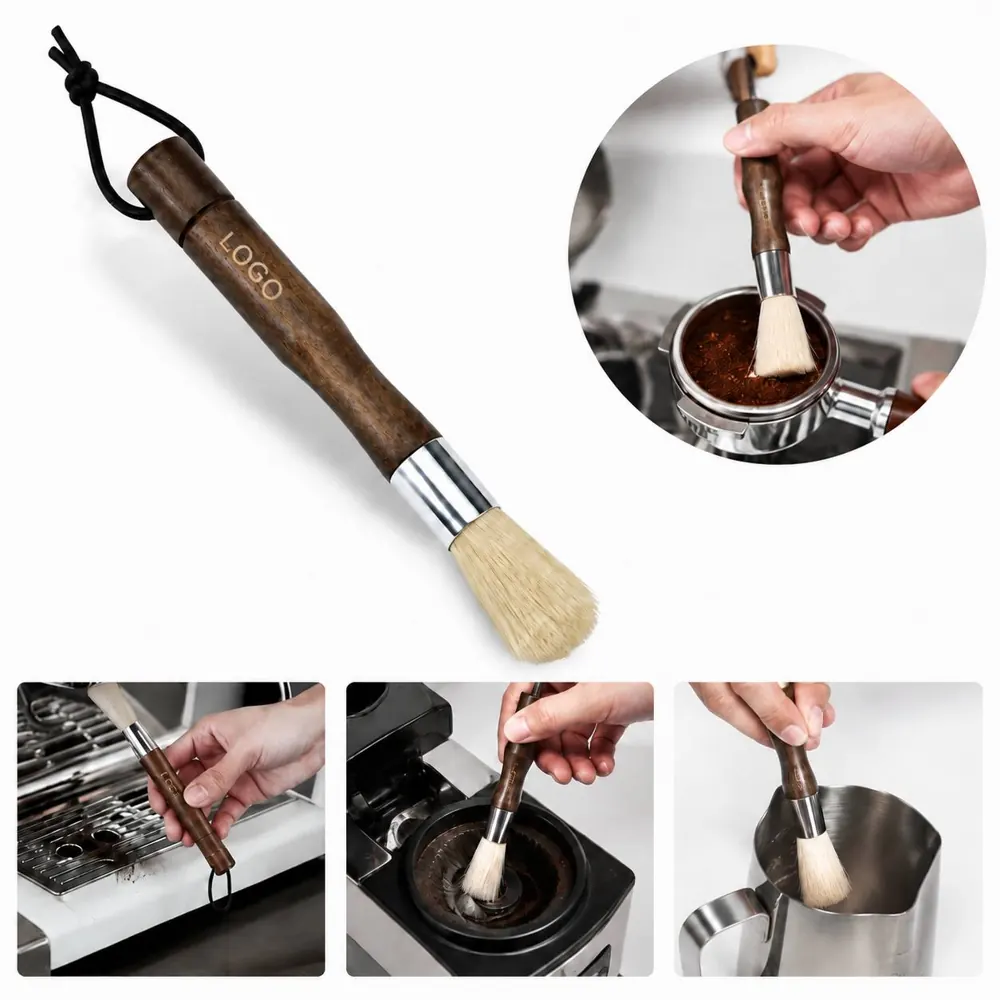 Walnut Wood Coffee Brush with Natural Bristles for Espresso