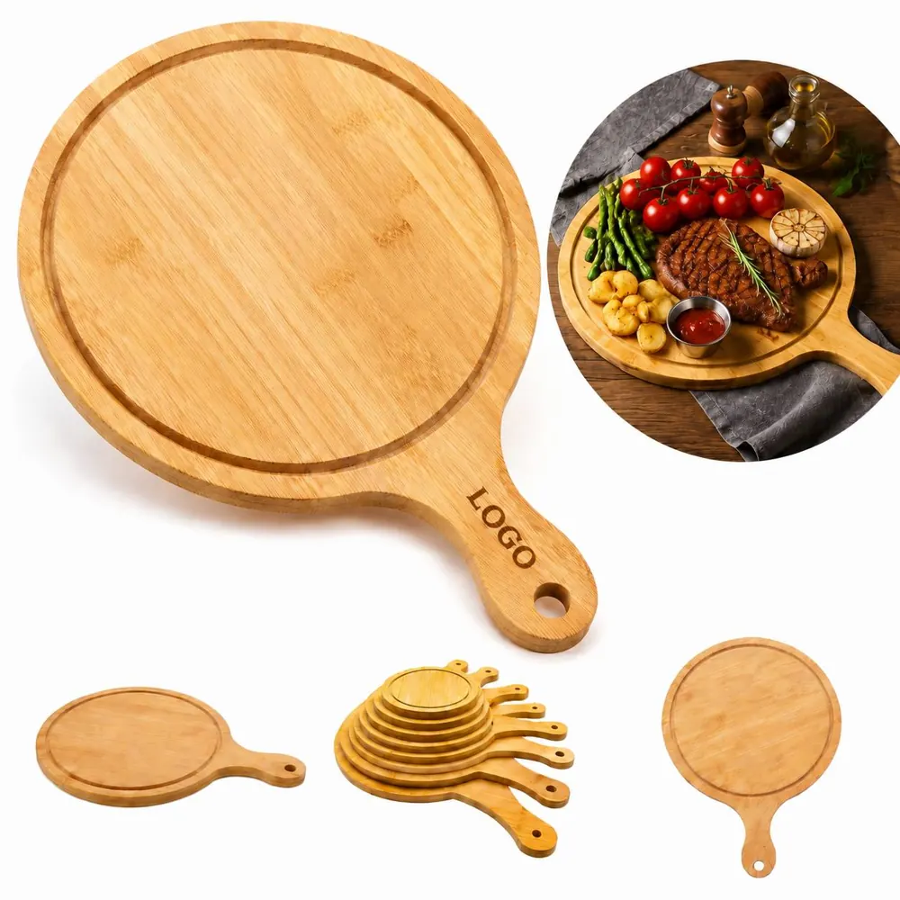 Natural Wood Round Cutting Board with Handle for Kitchen