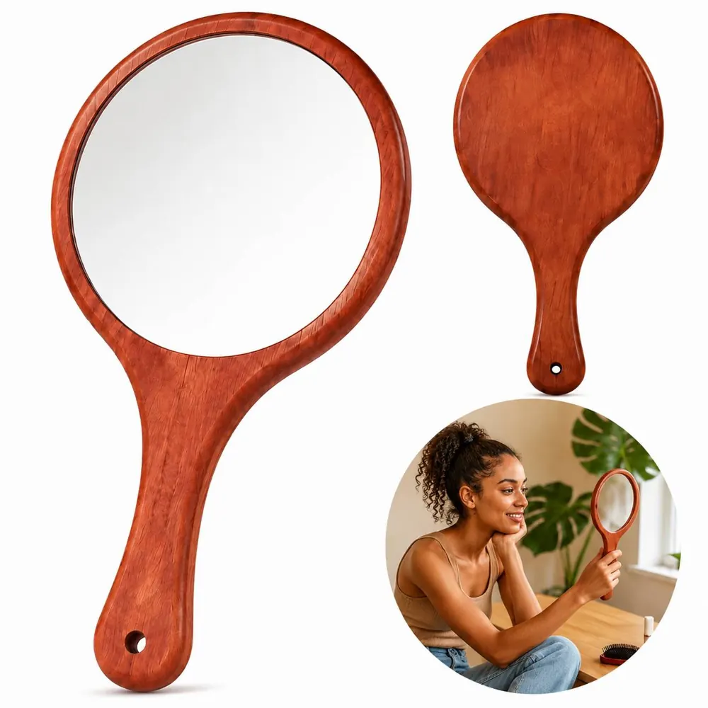 Ergonomic Red Sandalwood Hand Mirror for Makeup & Grooming 2