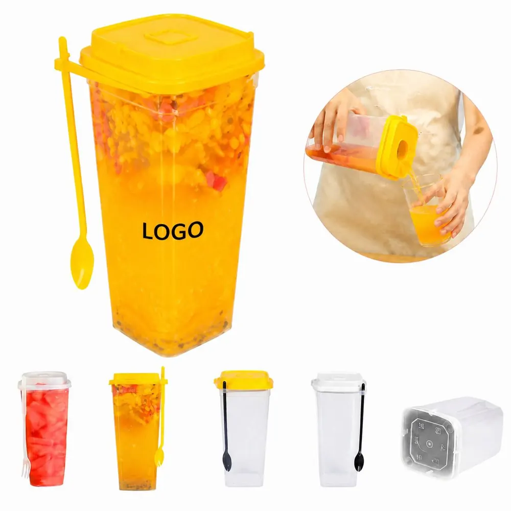Disposable Square Cup with Spoon Lid, Spill-Proof To-Go
