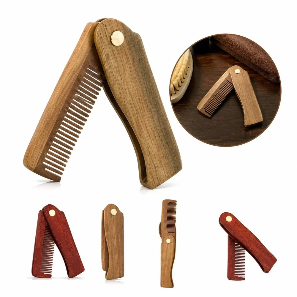 Folding Wood Beard Comb for Men, Portable Travel Grooming 2