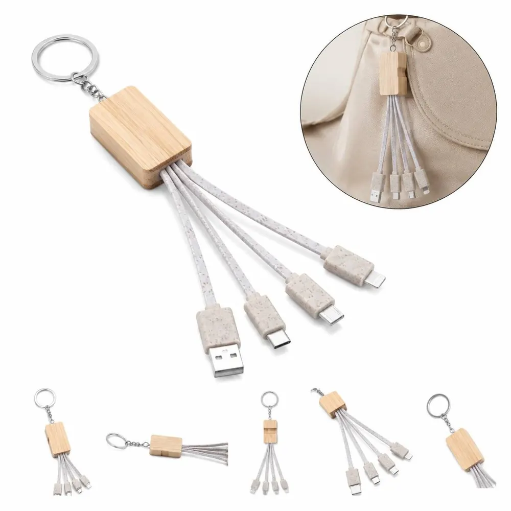 Eco Bamboo 4-in-1 Keychain Charging Cable, Tangle-Free Fast 2