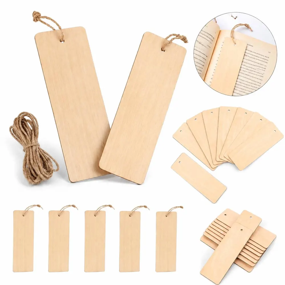 10PCS Blank Wooden Bookmarks with Ropes for DIY Craft 2