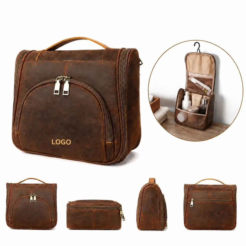 Genuine Leather Hanging Toiletry Bag with Hook for Travel