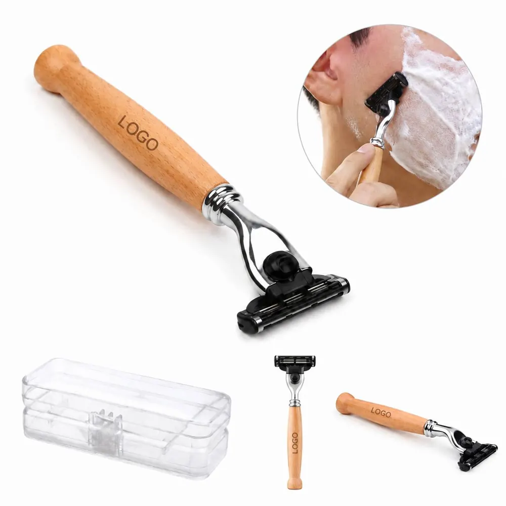 3-Layer Metal Razor with Wooden Handle and Travel Case
