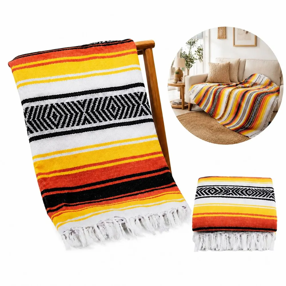 Mexican Handwoven Blanket, Cozy Fringed Throw for Sofa & Bed 2