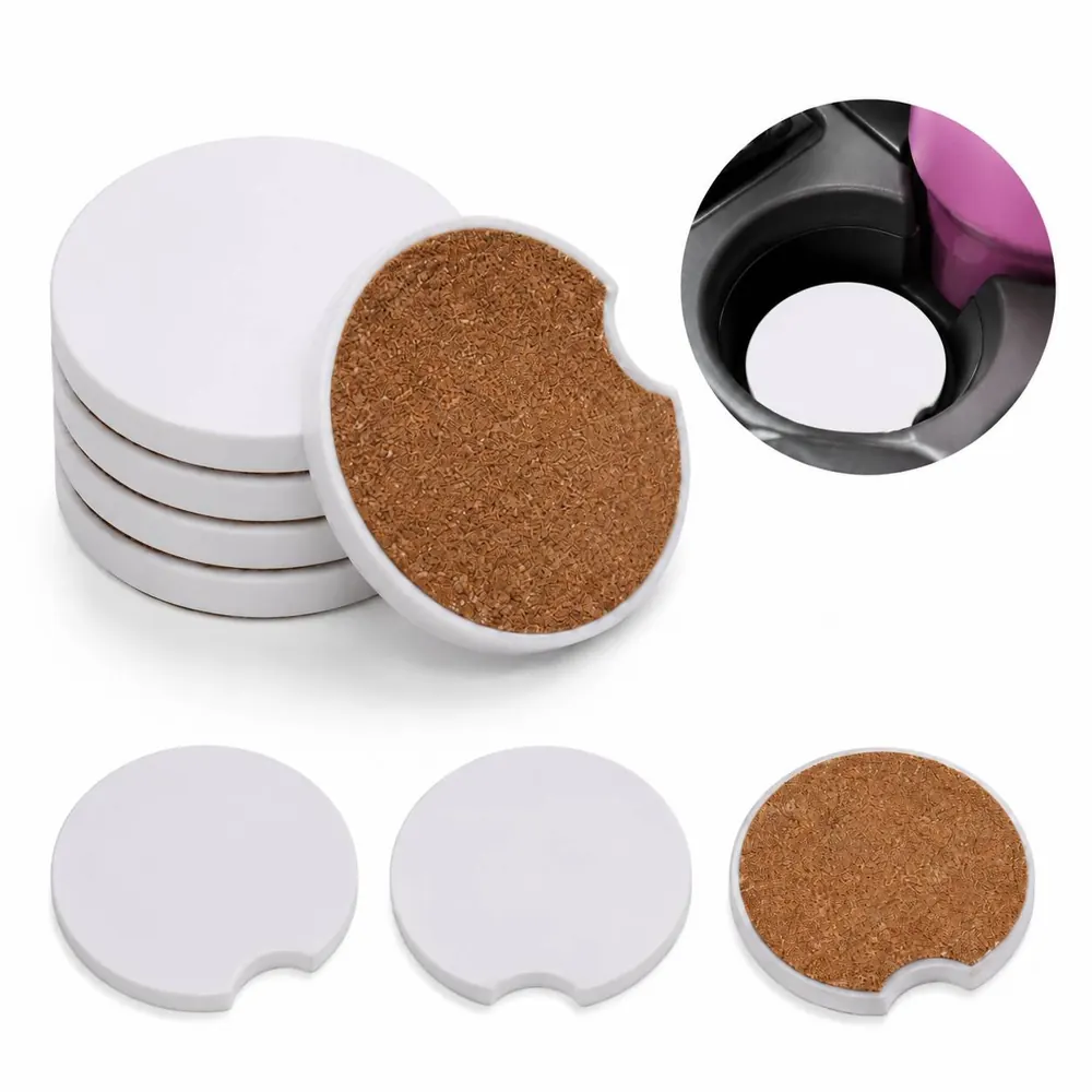Absorbent Ceramic Car Coaster with Non-Slip Cork Base 2