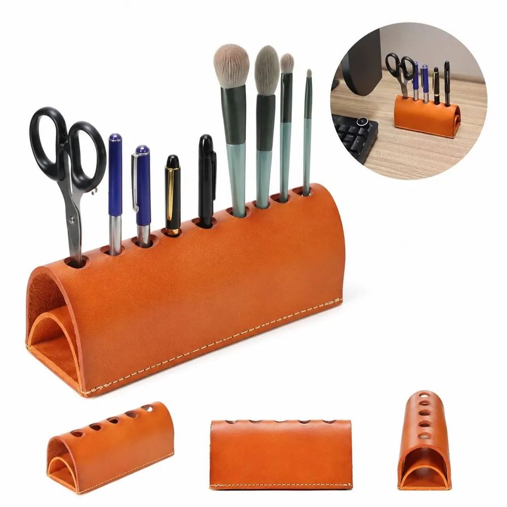 Cow Leather Multi-Compartment Brush & Pen Holder Organizer 2