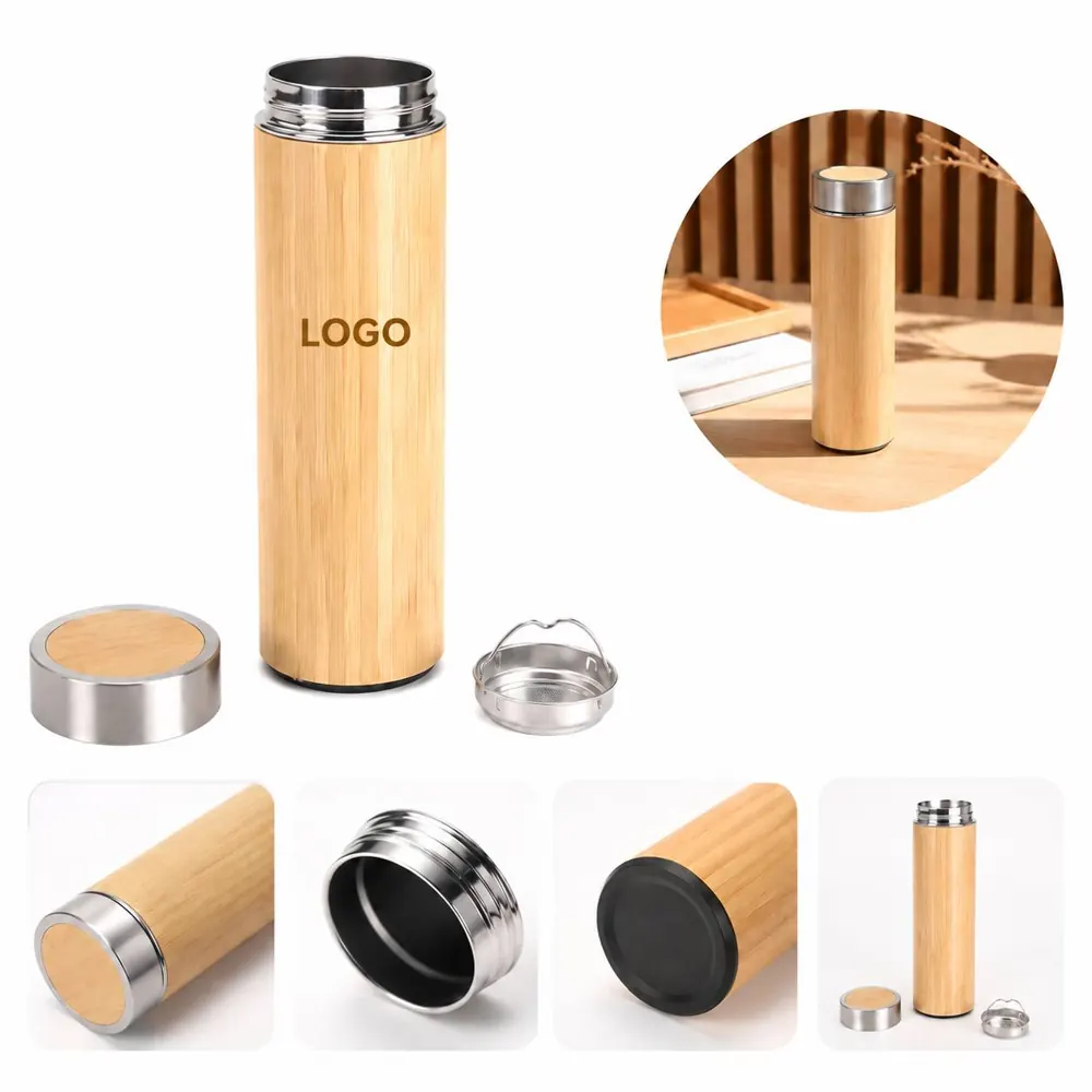 16OZ Bamboo Vacuum Insulated Water Bottle Leak-Proof