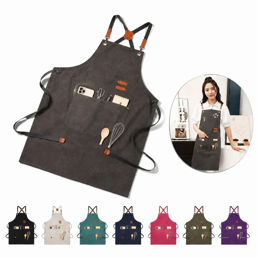 Cross Back Canvas Chef Apron with Two Front Pockets 2