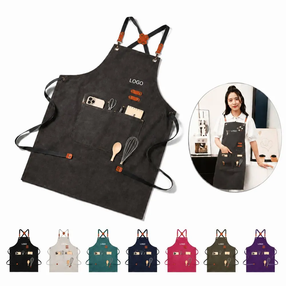 Cross Back Canvas Chef Apron with Two Front Pockets