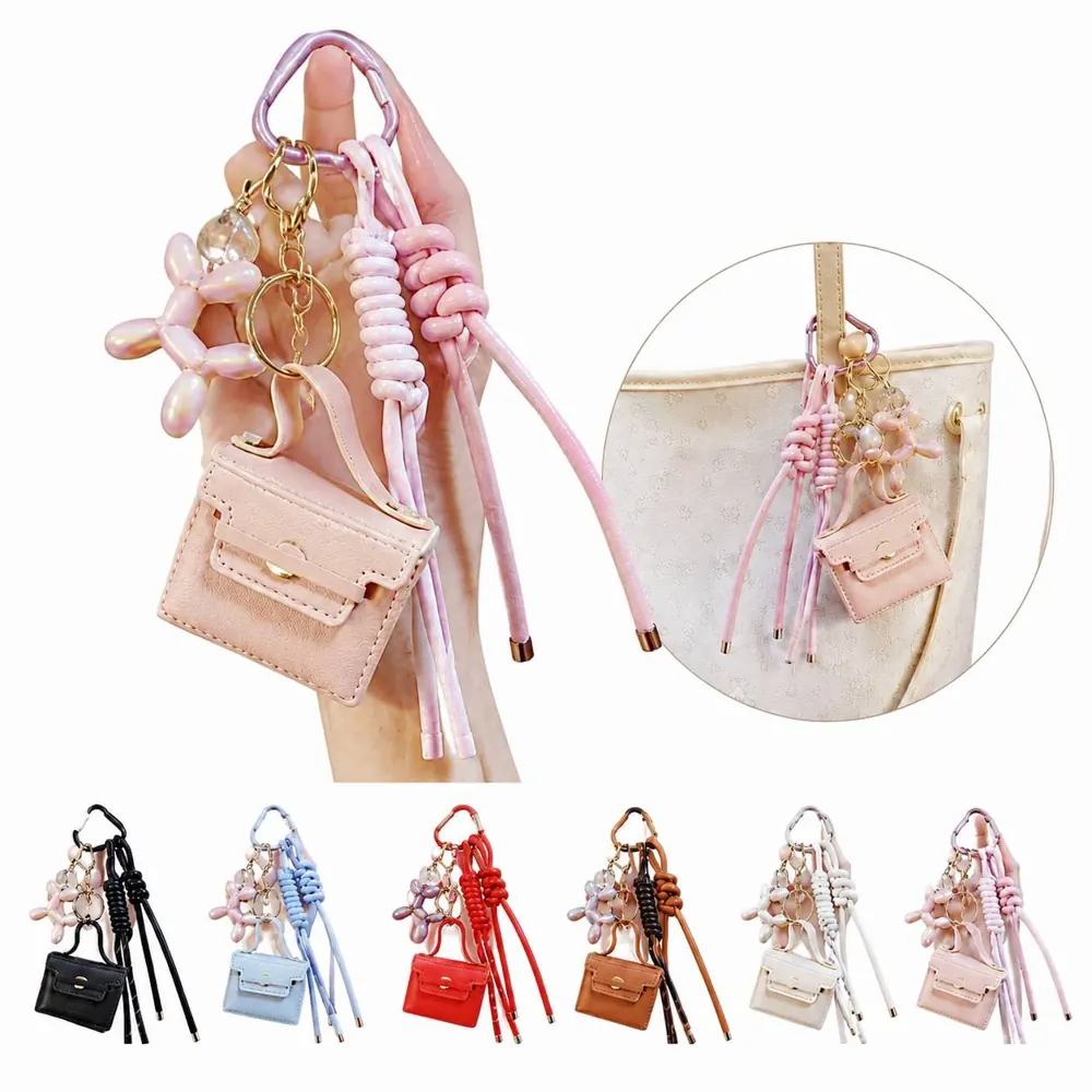 PU Mini Bag Keychain Set with Braided Cotton Rope Charm 2