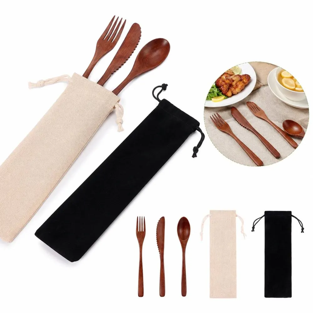 Eco-Friendly Portable Wooden Cutlery Set with Carrying Bag 2