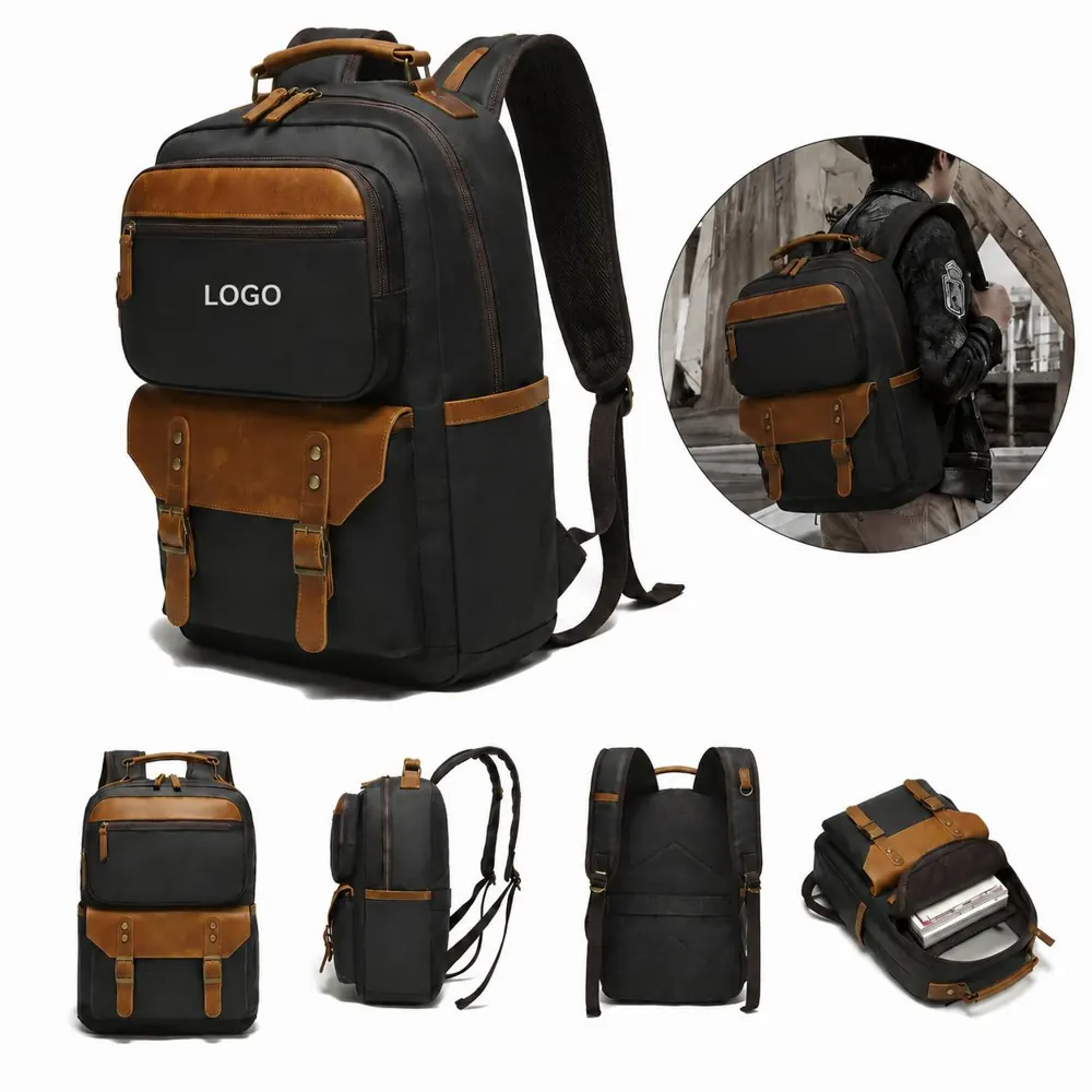 Retro Oil Waxed Canvas Laptop Backpack with Leather Trim