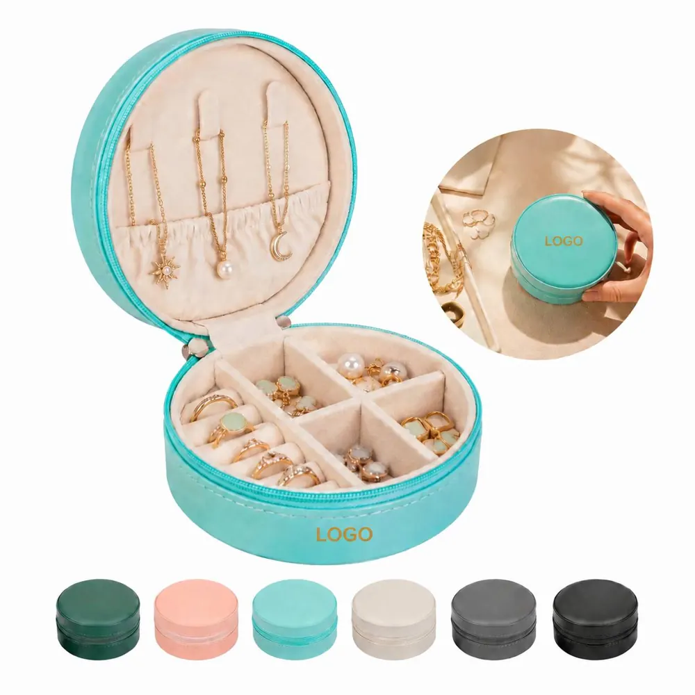 Round Velvet Jewelry Storage Box with Secure Zipper Closure