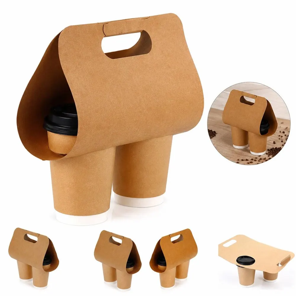 Kraft Paper Coffee Cup Carrier with Handle, 2-Cup 2