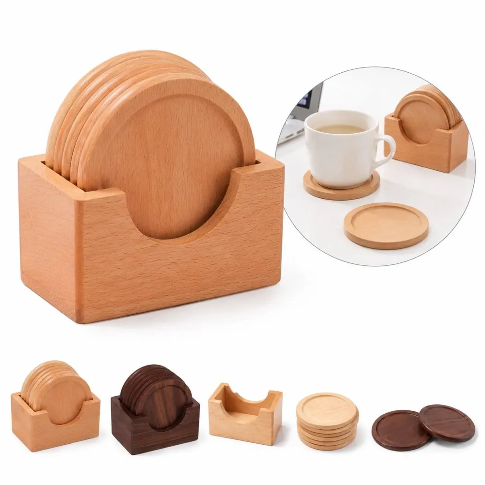 6-Piece Natural Wood Coaster Set, 3.54" Round Drink 2