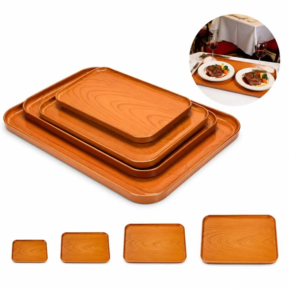 Wood Grain PP Plastic Serving Tray, Durable Non-Slip 2