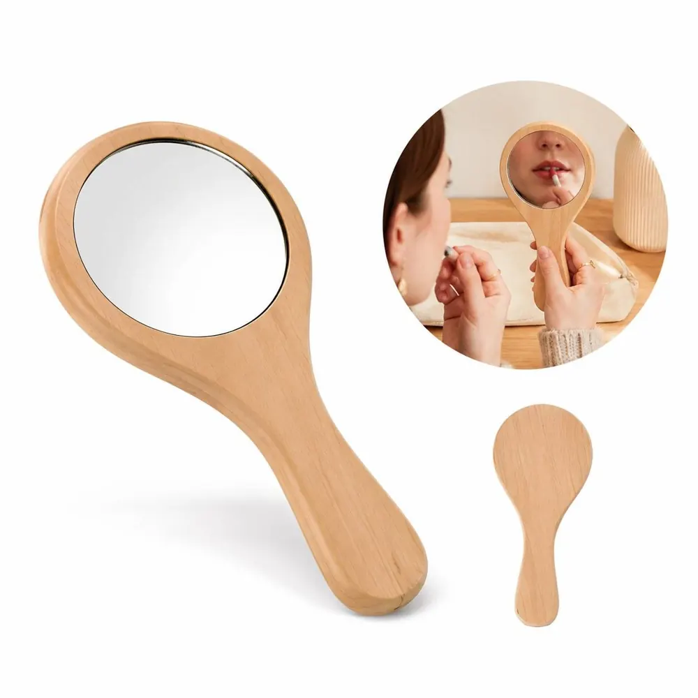 Portable Wooden Makeup Mirror with Handle for Travel 2