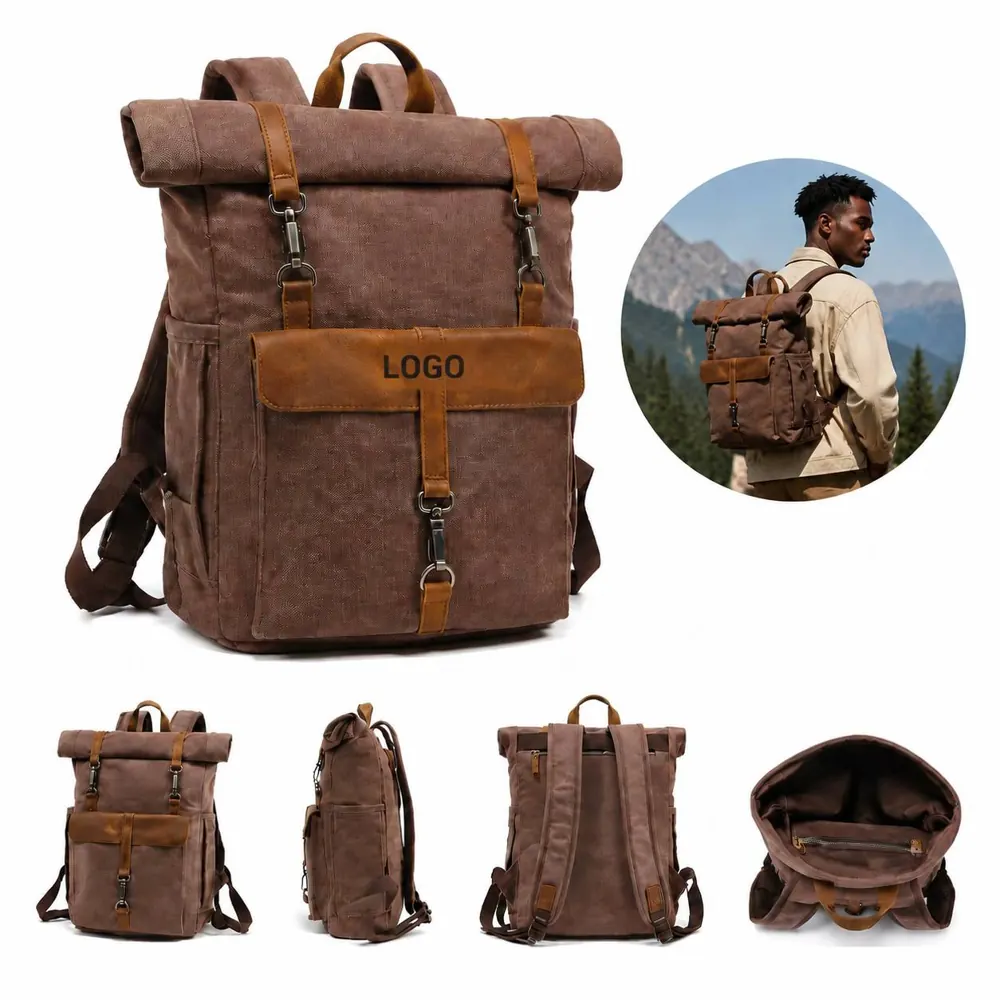 Vintage Leather Canvas Laptop Backpack with Expandable