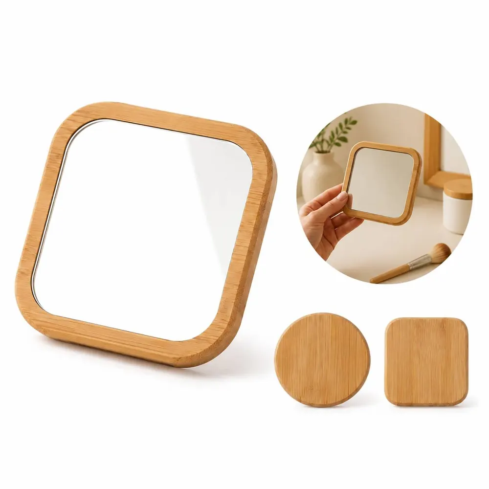 Portable Wooden Handheld Makeup Mirror, Eco-Friendly Compact 2