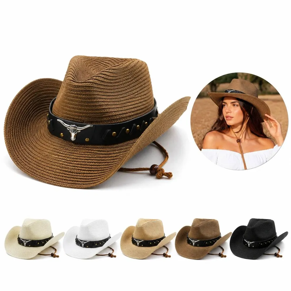 Wide Brim Straw Cowboy Hat for Sun Protection 2