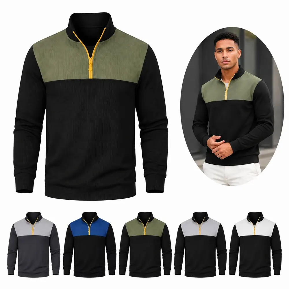 Men's Zip Patchwork Long Sleeve T-Shirt Casual Cotton Tee 2