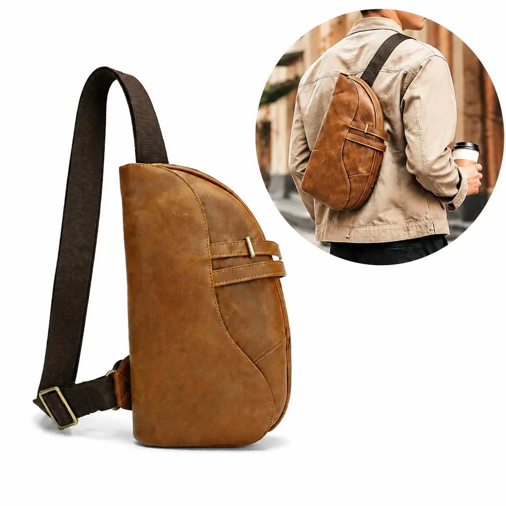 Men's Vintage Crazy Horse Leather Sling Chest Bag 2