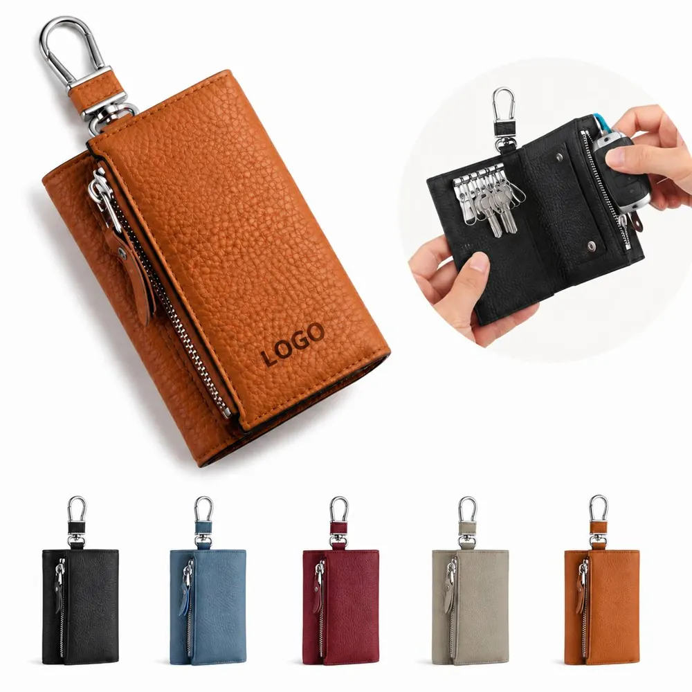 Leather Key Card Wallet with Zippered Pocket for Travel