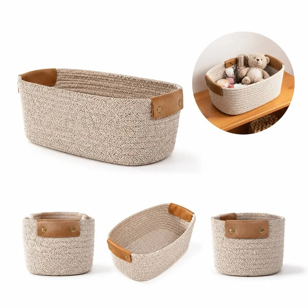 Cotton Rope Woven Storage Basket with Leather Handles 2