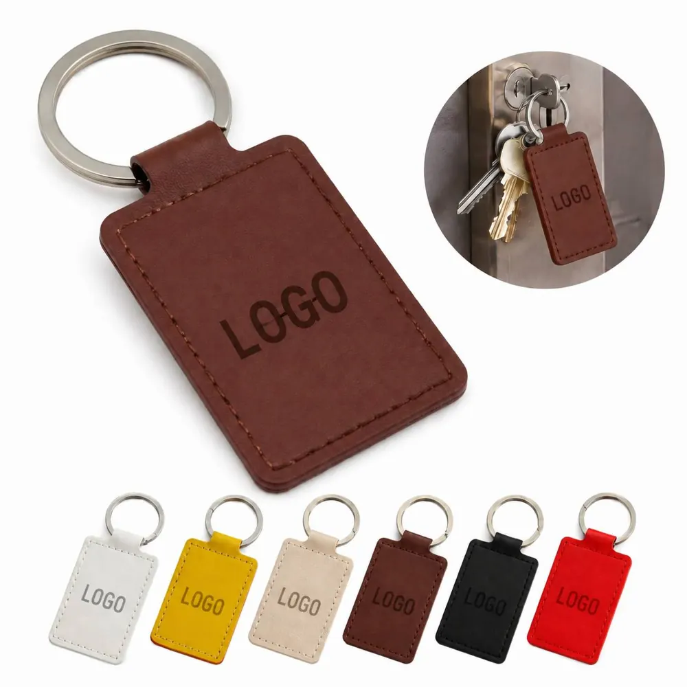 Genuine Leather Rectangle Keychain with Sturdy Metal Ring