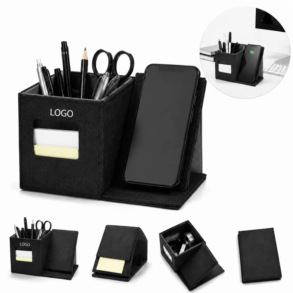 Wireless Charger Pen Holder with PU Leather and LED Logo