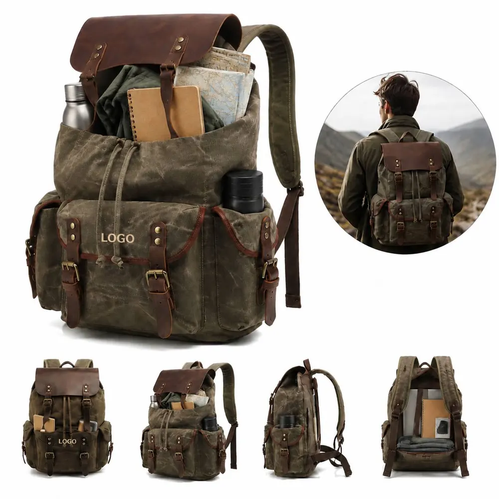 Men's Waxed Canvas Leather Travel Backpack with Laptop