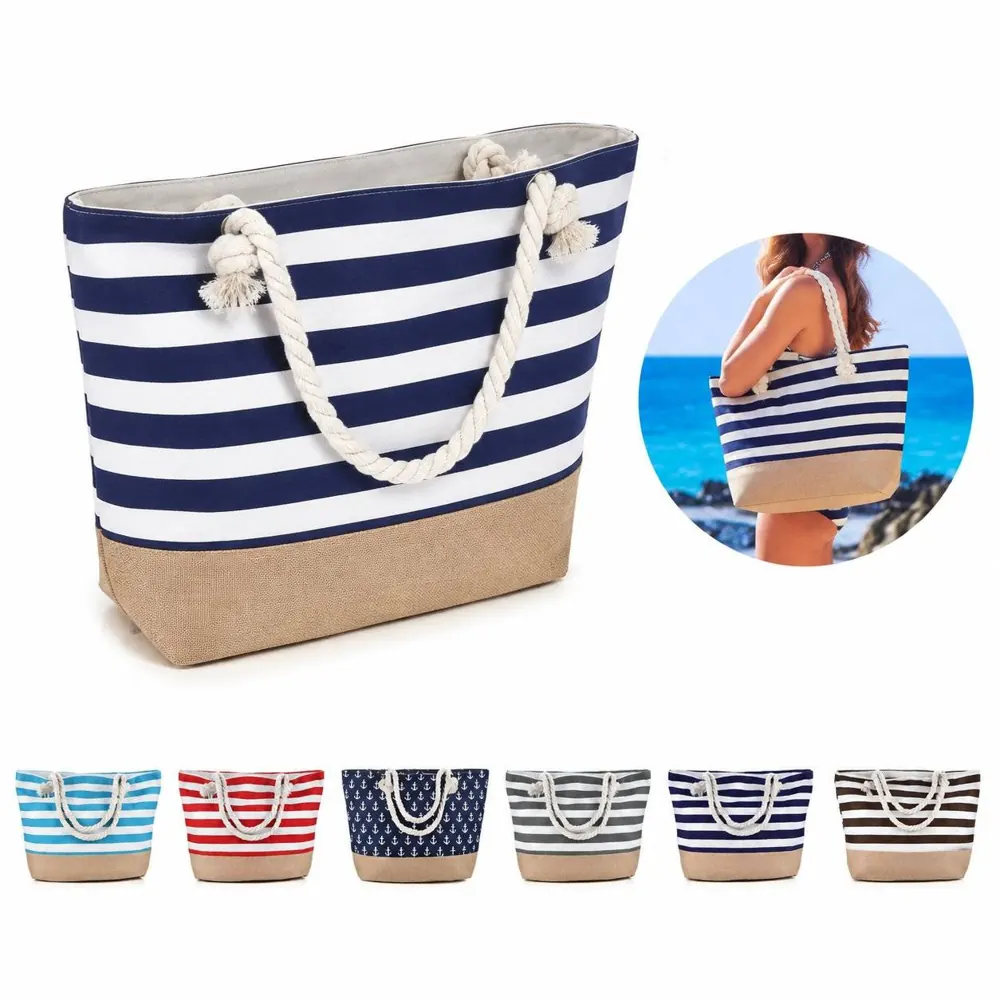 Waterproof Striped Canvas Beach Tote with Sturdy Handles 2