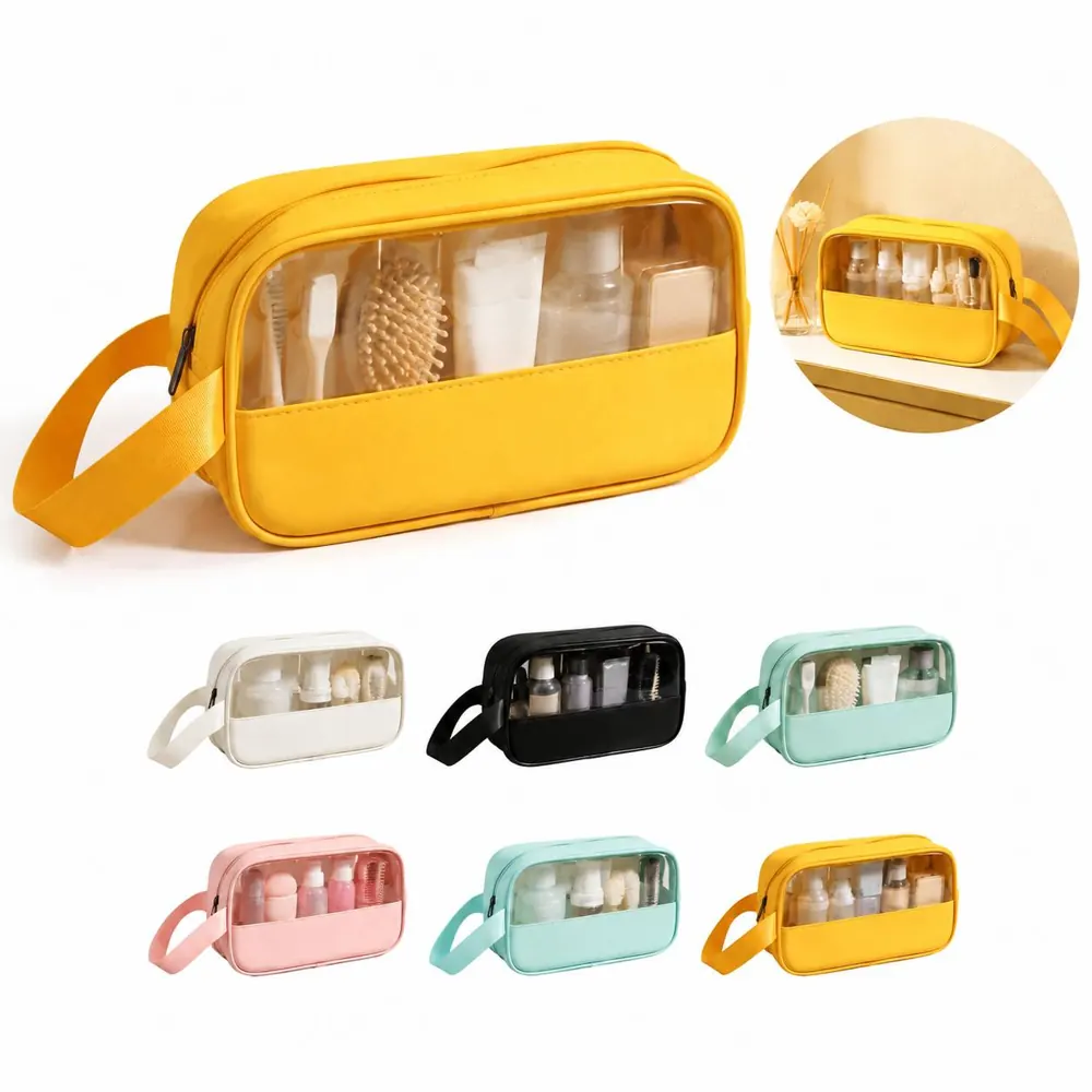 PU Leather Trim Transparent PVC Makeup Storage Bag 2