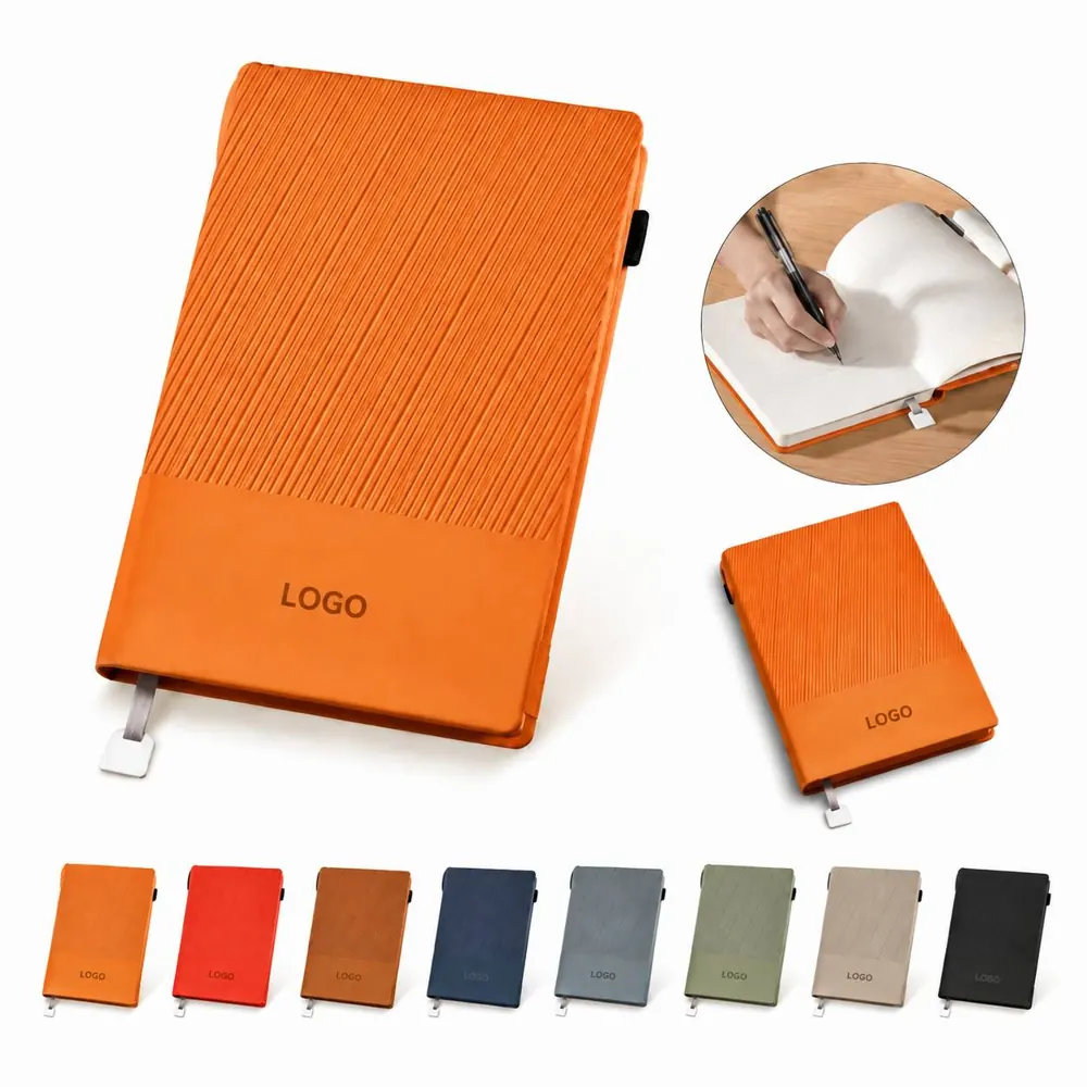 Leather A5 Notebook with Metal Bookmark, Durable Cover