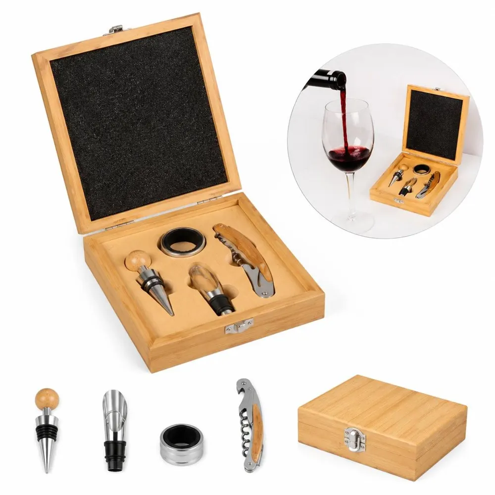 Bamboo Wine Opener Set with Stopper and Corkscrew Kit 2